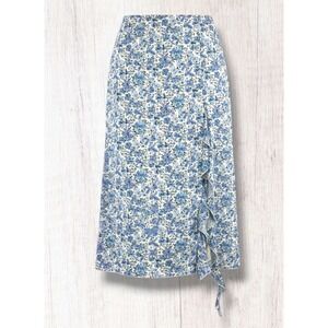 Originality Blue Floral Ruffle Slit Midi Skirt Large Made in USA Boho